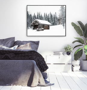 Black-framed Winter Barn Standing On Snowy Land Wall Art