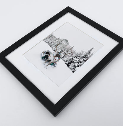 A photo print of a showy forest with a deer pulling the sleigh