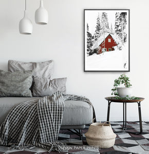 Black-Framed Snow-Padded House Under Winter Spruces Poster