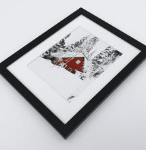 Load image into Gallery viewer, A photo print of a showy forest with a house
