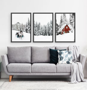 Three photo prints of a showy forest with a deer and a house