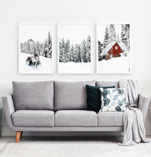 Load image into Gallery viewer, Three photo prints of a showy forest with a deer and a house

