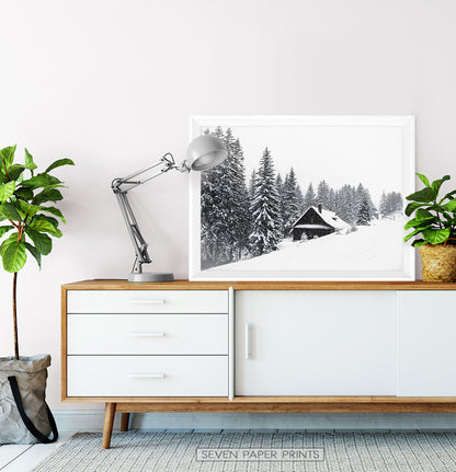 Lovely Shack On Snowy Hill And Spruce Print