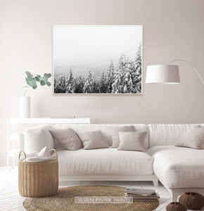 White-Framed Winter Forest Valley Covered in Snow Photo Print