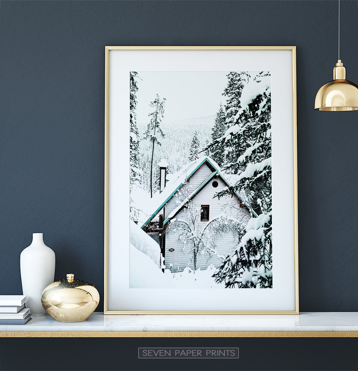Gold-framed Winter Cottage House With a Snow Hat Photo Print