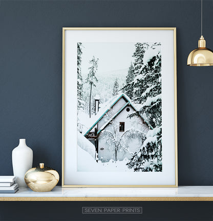 Gold-framed Winter Cottage House With a Snow Hat Photo Print
