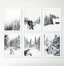 Load image into Gallery viewer, Winter mood prints. Moose, snowy forest, reindeer, river, cabin.
