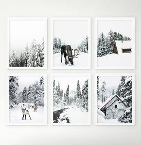 Winter mood prints. Moose, snowy forest, reindeer, river, cabin.