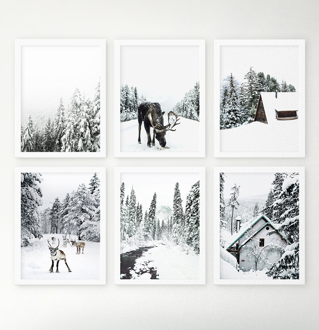Winter mood prints. Moose, snowy forest, reindeer, river, cabin.
