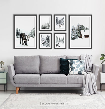 Winter Set of 6 Wall Art. Moose, Reindeer, Snowy Forest