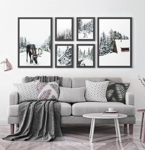 Winter Set of 6 Wall Art. Moose, Reindeer, Snowy Forest