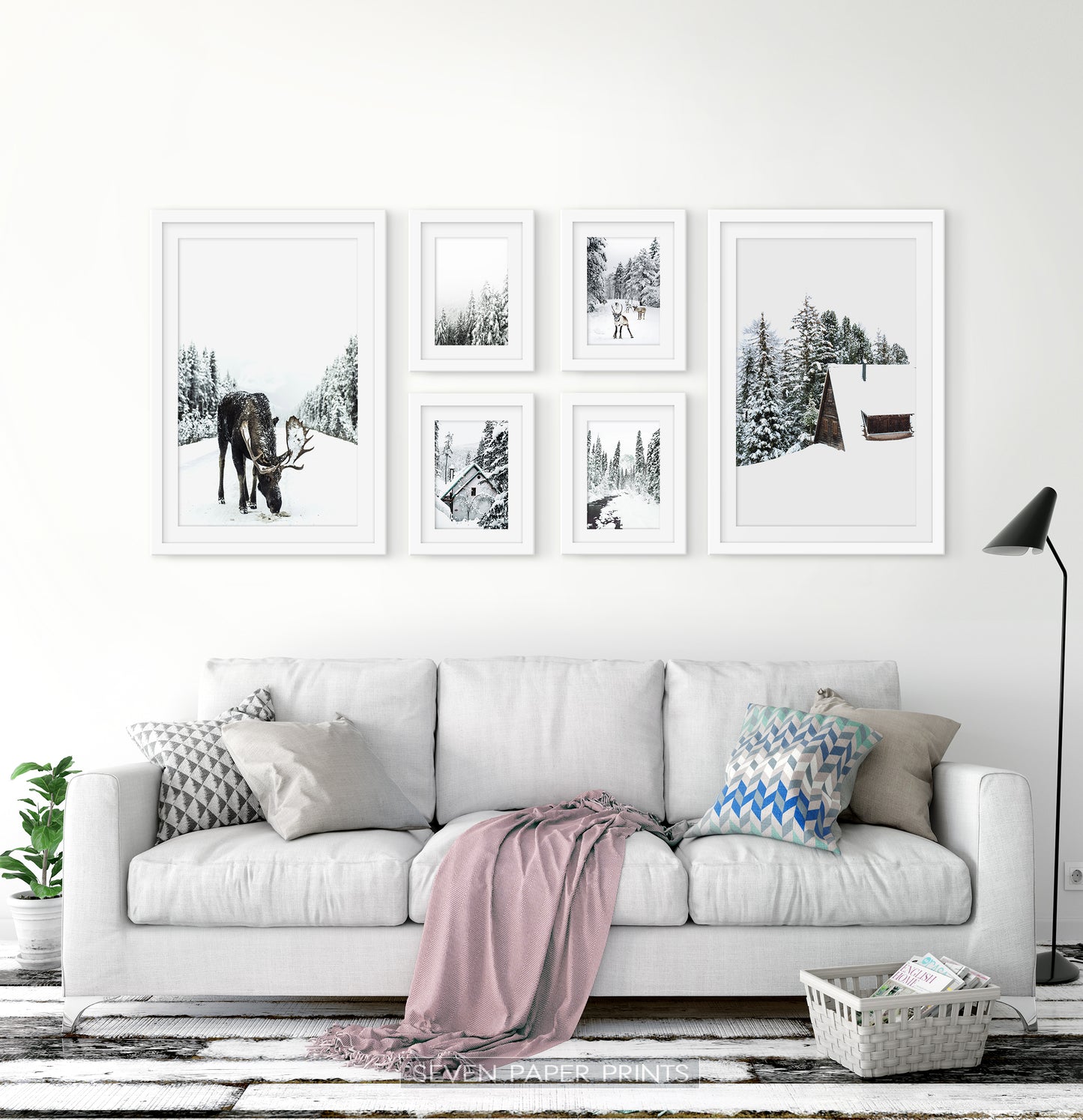 Winter Set of 6 Wall Art. Moose, Reindeer, Snowy Forest