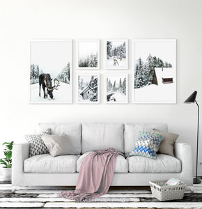 Winter Set of 6 Wall Art. Moose, Reindeer, Snowy Forest
