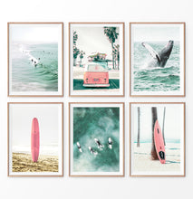 Load image into Gallery viewer, Coastal Nursery Set. 6 Piece Prints. Whale, Pink Surfboard, Pink Bus, Surfers

