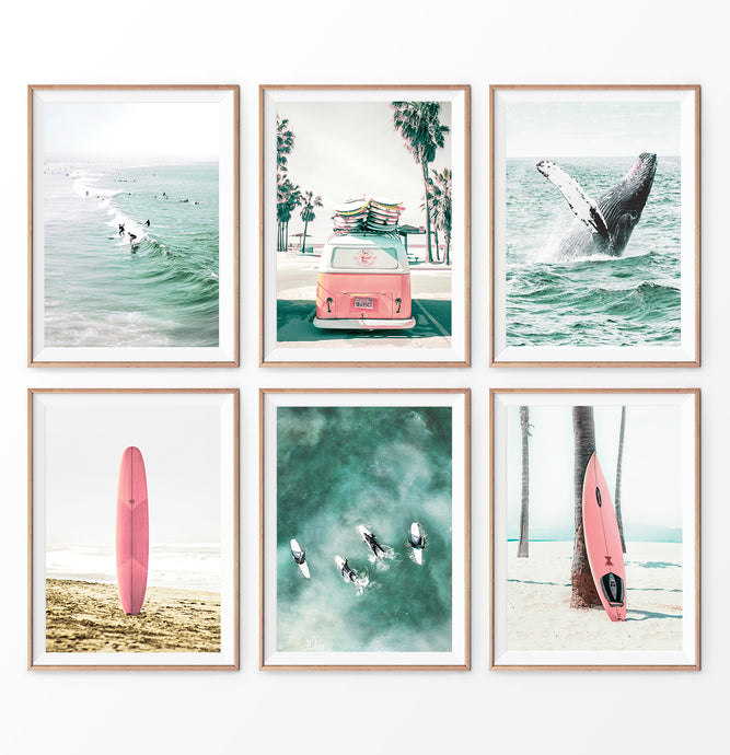 Coastal Nursery Set. 6 Piece Prints. Whale, Pink Surfboard, Pink Bus, Surfers