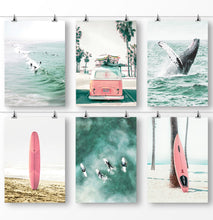 Load image into Gallery viewer, Whale in Teal Ocean, Palm Tree Photo, Pink Surfboards, Surfing Combi Van
