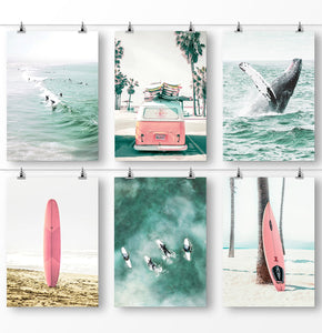Whale in Teal Ocean, Palm Tree Photo, Pink Surfboards, Surfing Combi Van