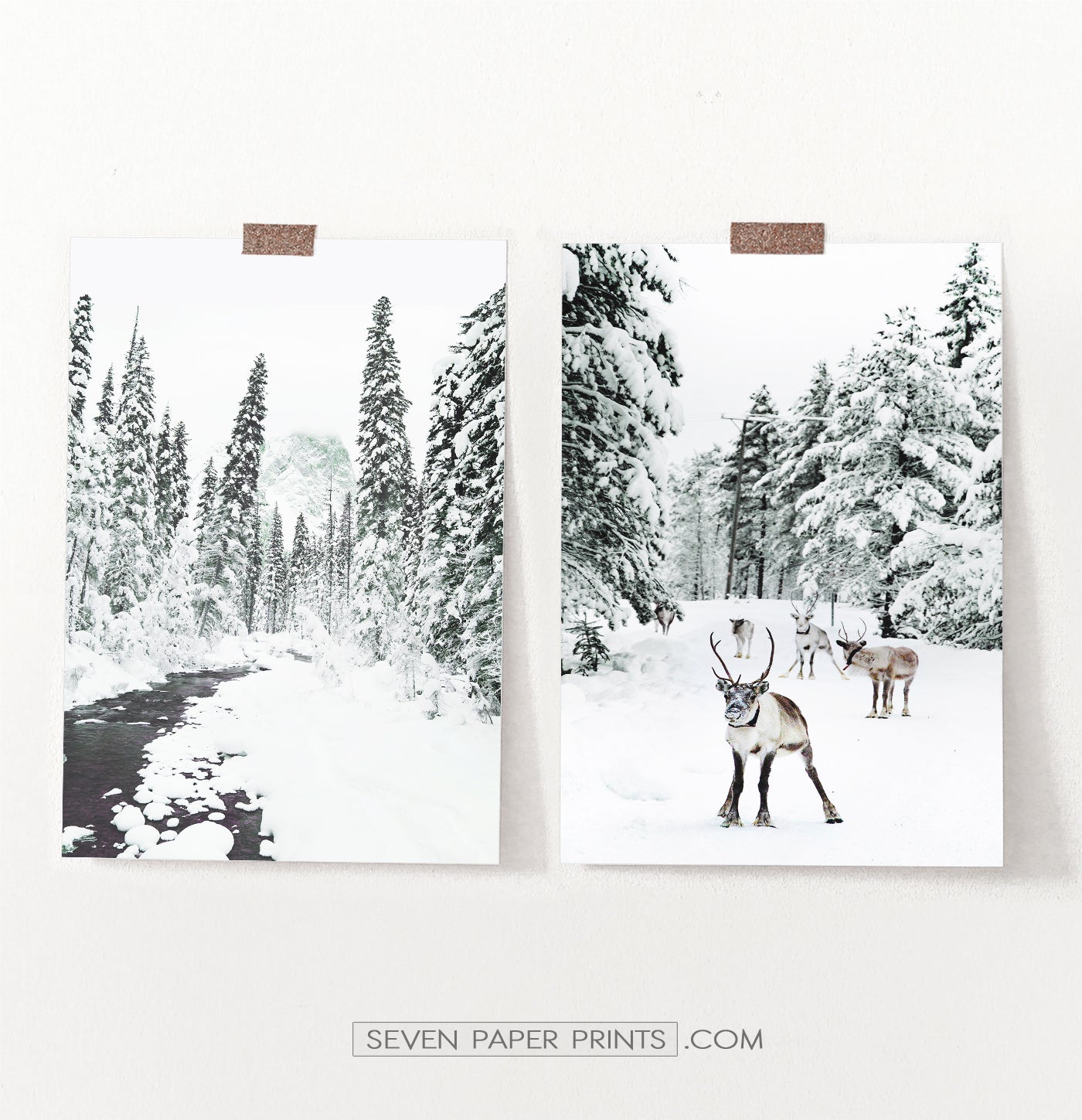 Set of 2 Christmas Scene Prints with Reindeer and River