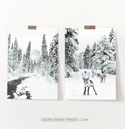 Set of 2 Christmas Scene Prints with Reindeer and River