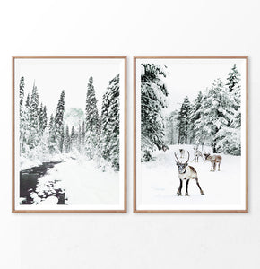 Winter Scene Set of 2 prints. Reindeer, river and pine trees in snow
