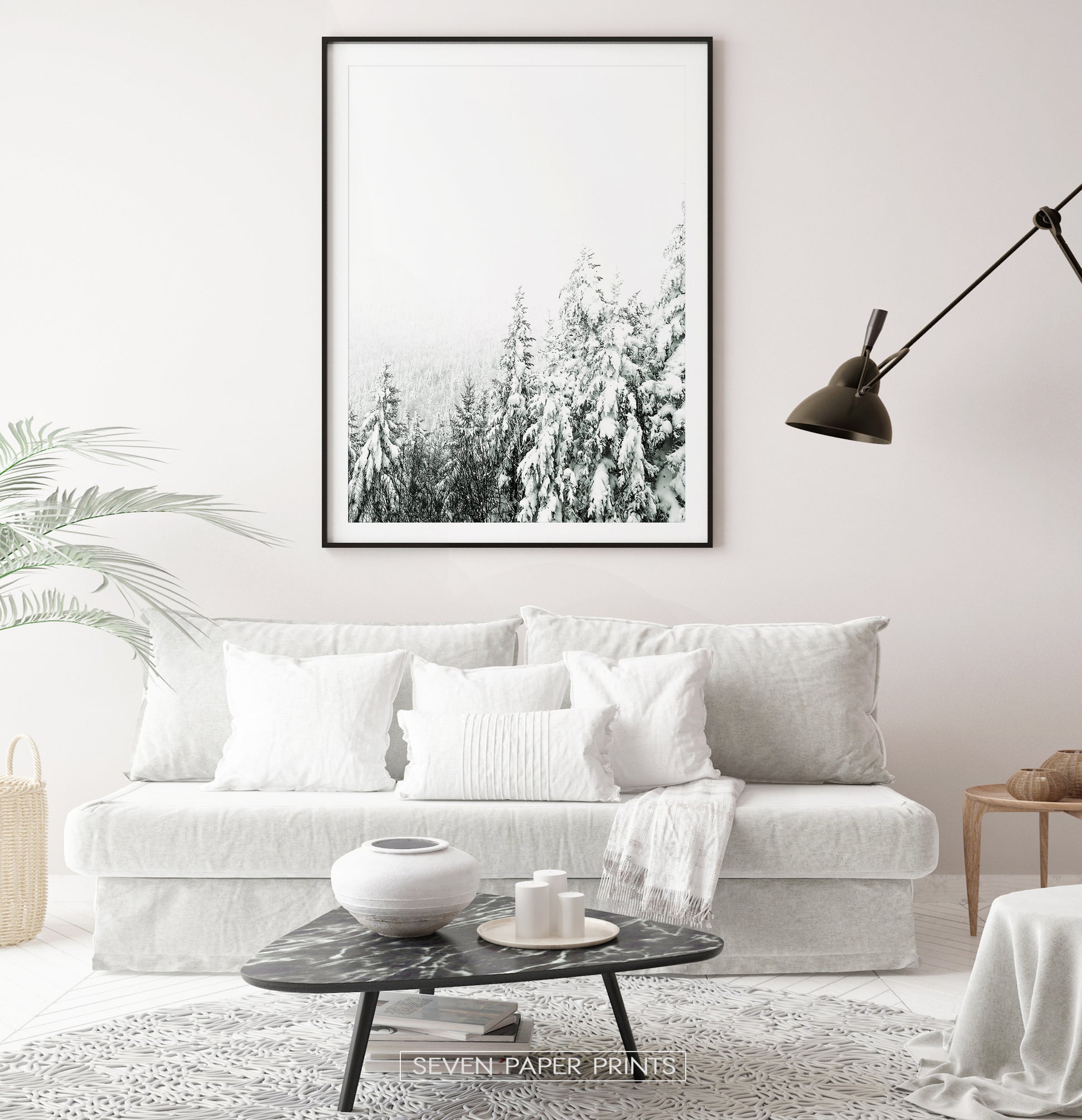Black-framed Charming Spruce Tops Covered in Snow Photo Art in the living room