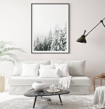 Load image into Gallery viewer, Black-framed Charming Spruce Tops Covered in Snow Photo Art in the living room
