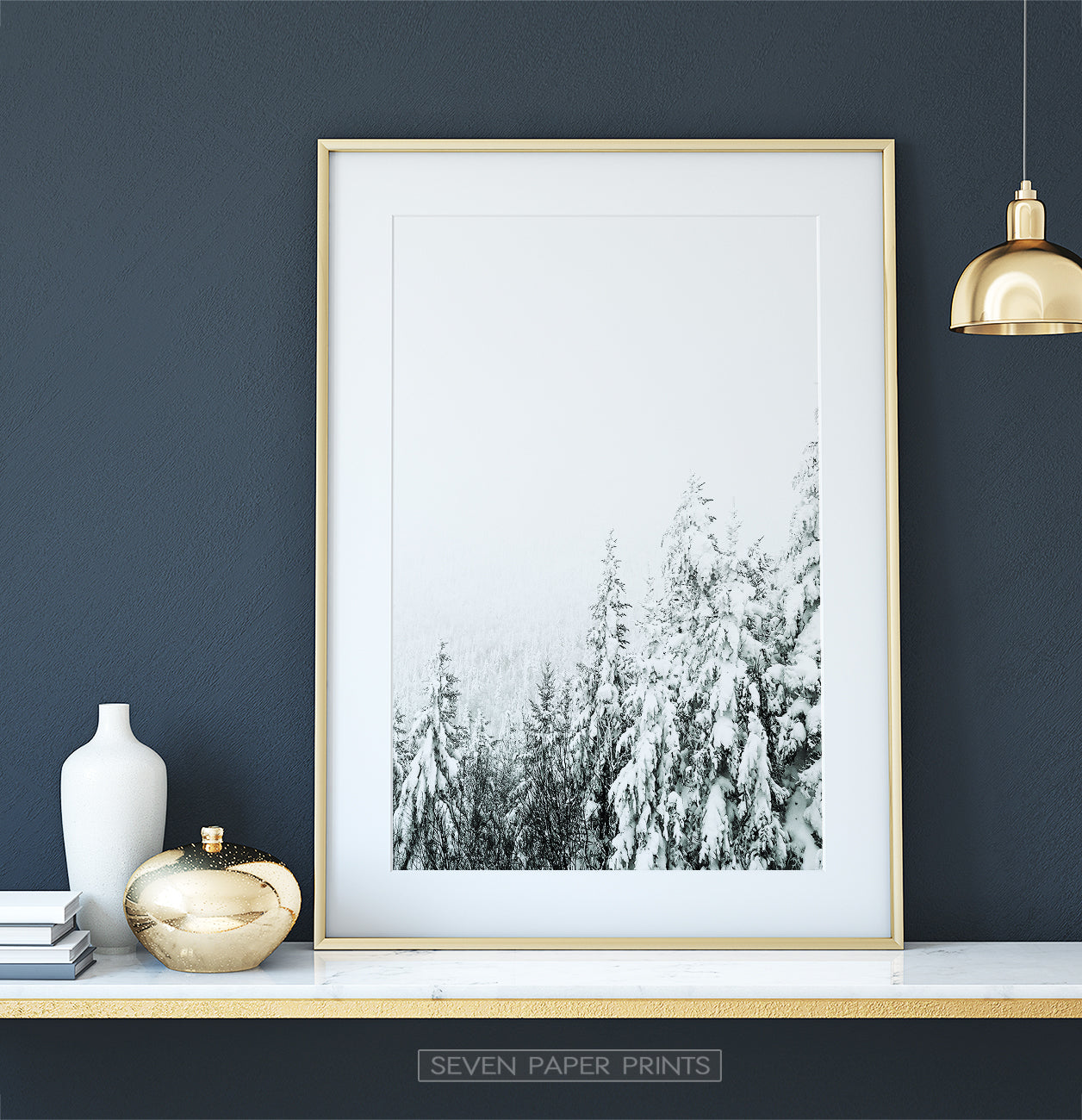 Gold-framed Charming Spruce Tops Covered in Snow Photo Art on a shelf
