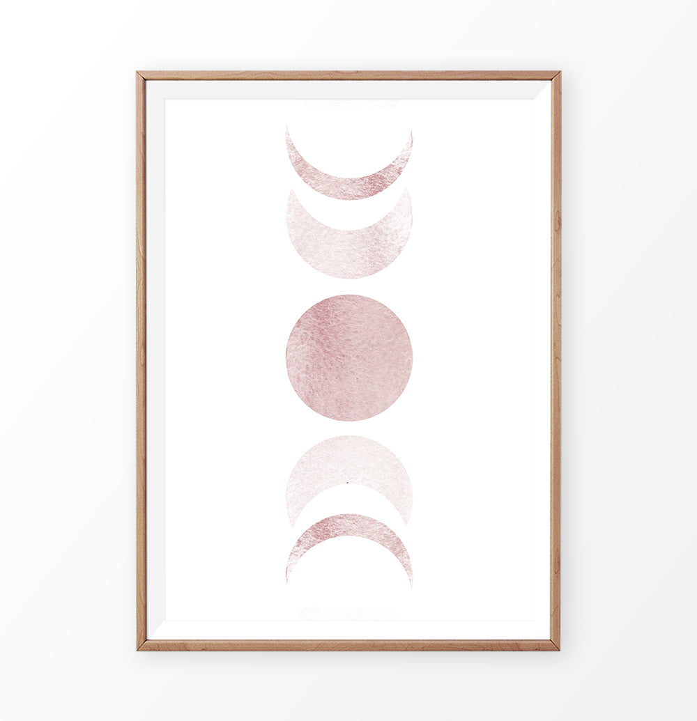 Wooden-Framed Moon Phases Watercolor Print in Bage and Brown on a shelf
