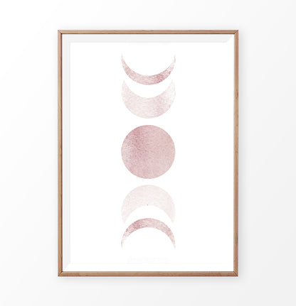 Wooden-Framed Moon Phases Watercolor Print in Bage and Brown on a shelf