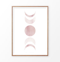 Load image into Gallery viewer, Wooden-Framed Moon Phases Watercolor Print in Bage and Brown on a shelf
