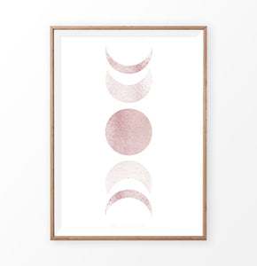 Wooden-Framed Moon Phases Watercolor Print in Bage and Brown on a shelf