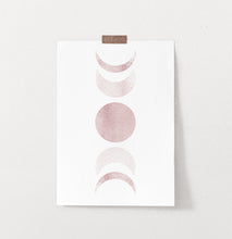 Load image into Gallery viewer, Frameless Moon Phases Watercolor Print in Bage and Brown on a wall
