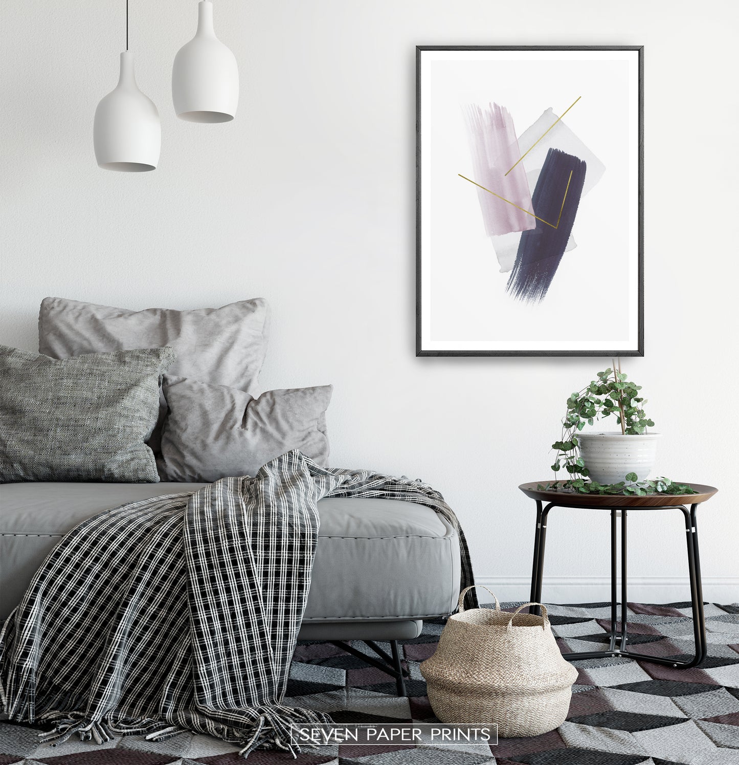 Abstract Painting Print. Pink Blue and Gray Strokes