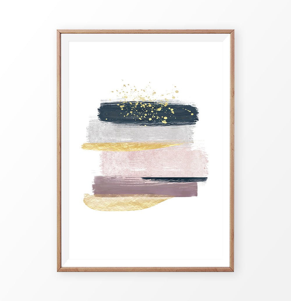 Brush Strokes Abstract Painting with Gold, Pink, Navy Blue and Gray