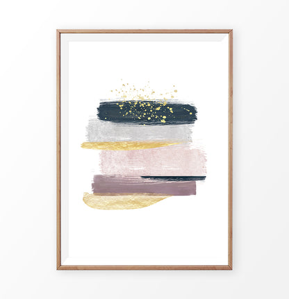 Brush Strokes Abstract Painting with Gold, Pink, Navy Blue and Gray