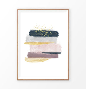 Brush Strokes Abstract Painting with Gold, Pink, Navy Blue and Gray
