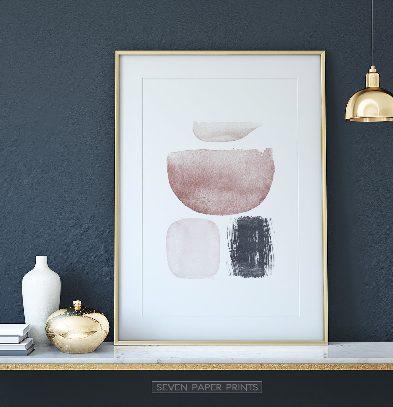 Watercolor Abstract Pink, Navy Blue and Powder Colors Art Poster