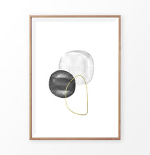 Load image into Gallery viewer, A brown-framed wall art with black, silver and golden forms
