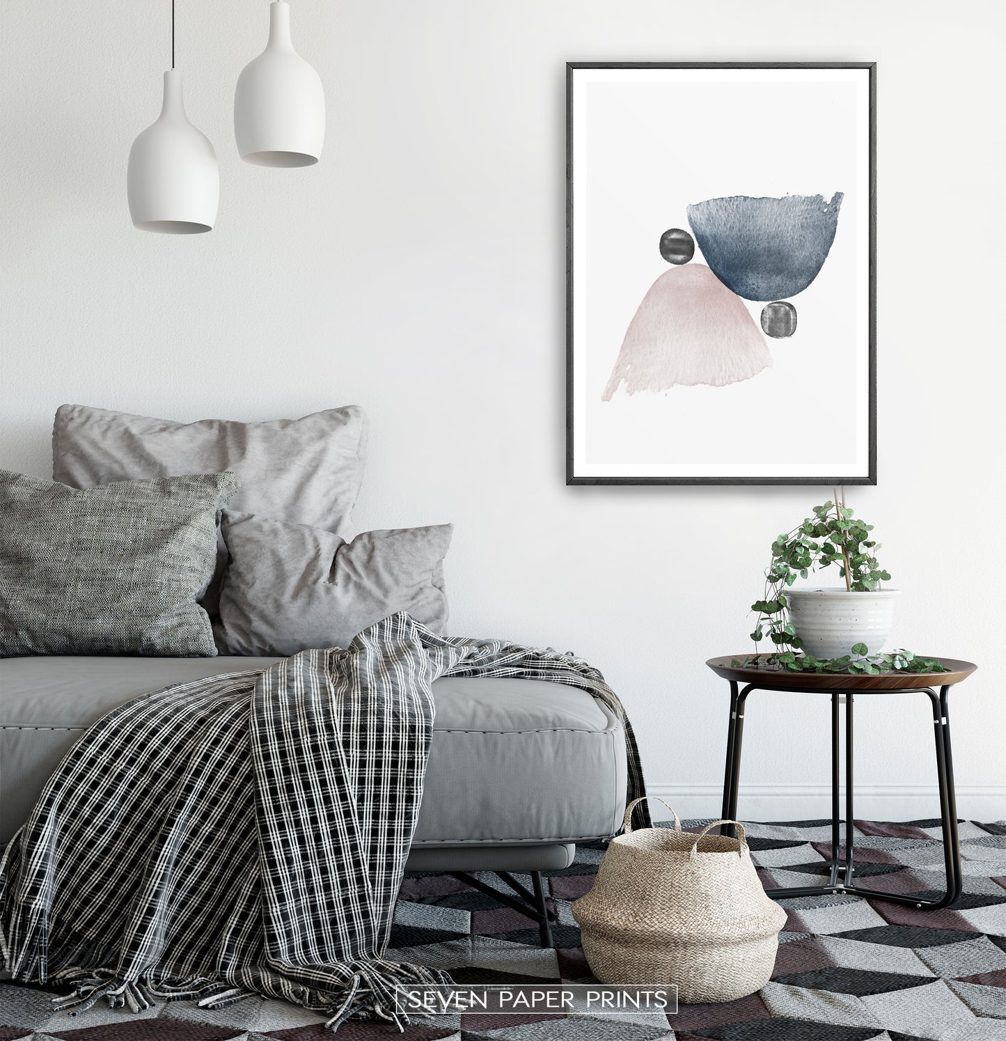 Pink and Blue Abstract Jellyfishes with Black Stones Wall Art
