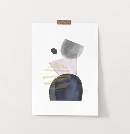 Abstract Boho Shapes Art Print in Pink, Gold, Denim, Powder