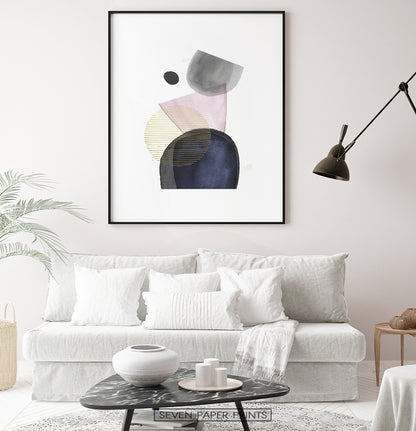 Abstract Boho Shapes Art Print in Pink, Gold, Denim, Powder