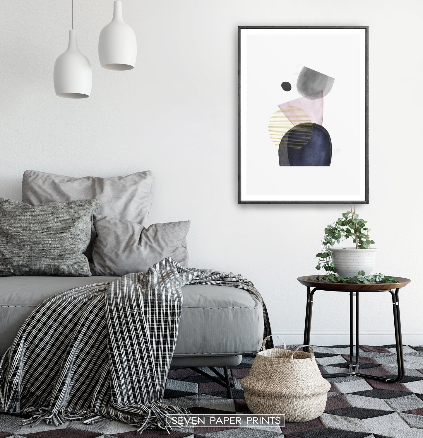 Abstract Boho Shapes Art Print in Pink, Gold, Denim, Powder