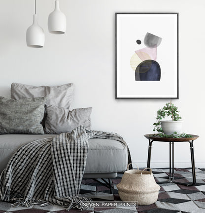 Abstract Boho Shapes Art Print in Pink, Gold, Denim, Powder