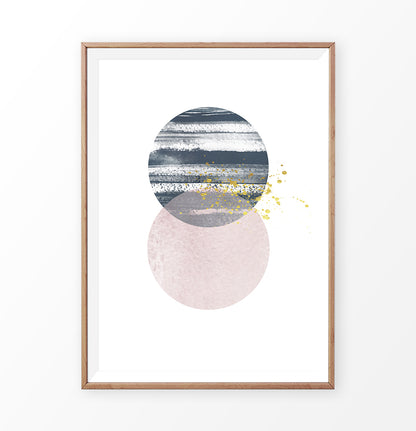 Wooden-framed Navy and pink Jupiter-like abstract wall art