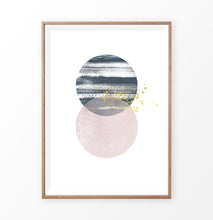 Load image into Gallery viewer, Wooden-framed Navy and pink Jupiter-like abstract wall art
