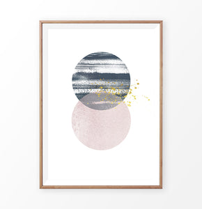 Wooden-framed Navy and pink Jupiter-like abstract wall art