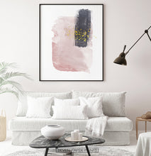 Load image into Gallery viewer, Black-framed Pink and Powder stains under gold drops wall art in a living room
