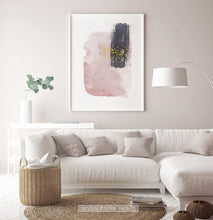 Load image into Gallery viewer, White-framed Pink and Powder stains under gold drops wall art in a living room
