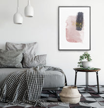 Load image into Gallery viewer, Black-framed Pink and Powder stains under gold drops wall art in a bedroom
