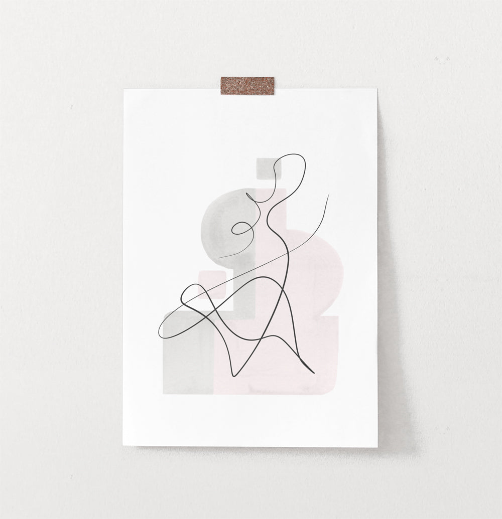One Line Hand Drawn Abstract Wall Art with Pink and Gray Background